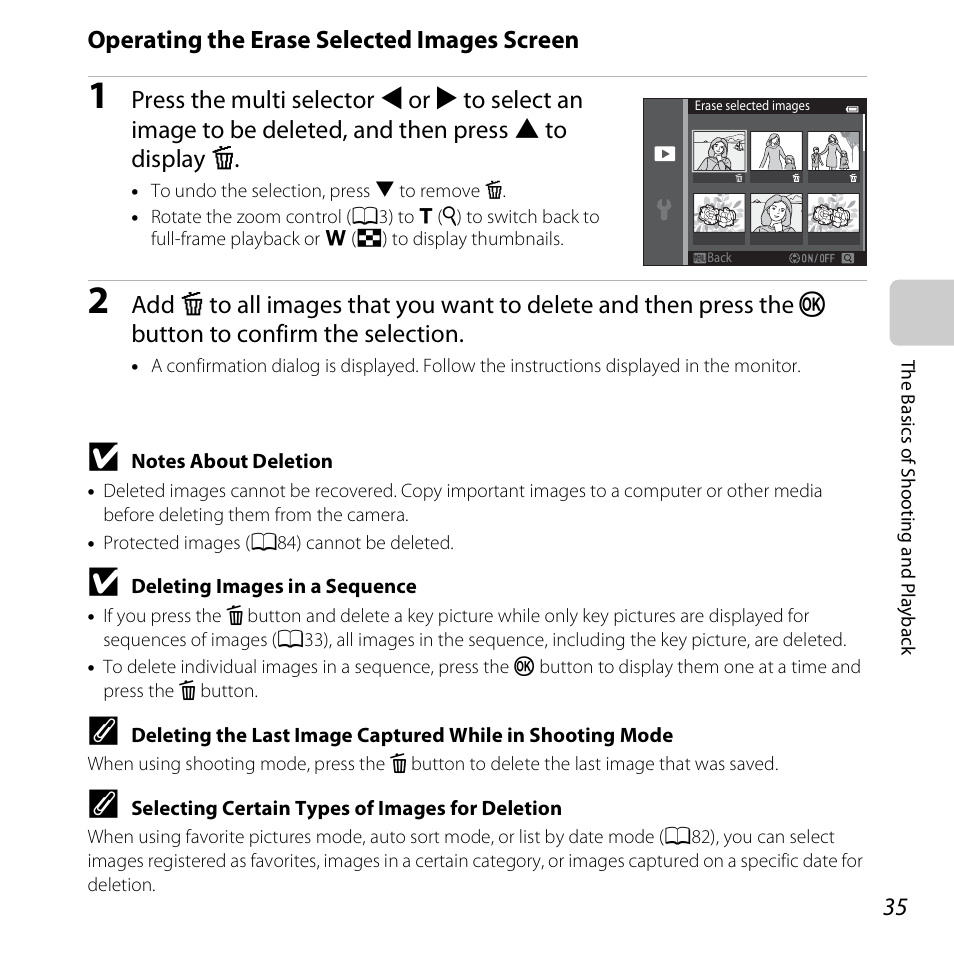 Operating the erase selected images screen | Nikon S6500 User Manual | Page 57 / 284