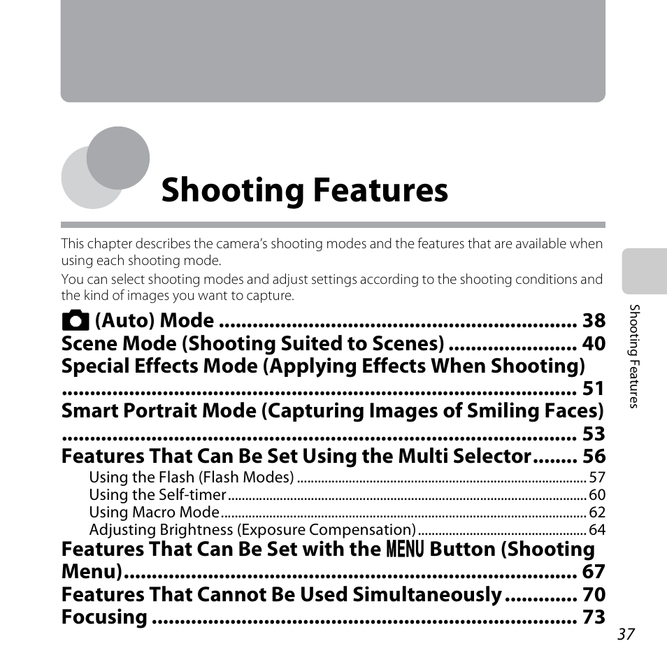 Shooting features | Nikon S6500 User Manual | Page 59 / 284