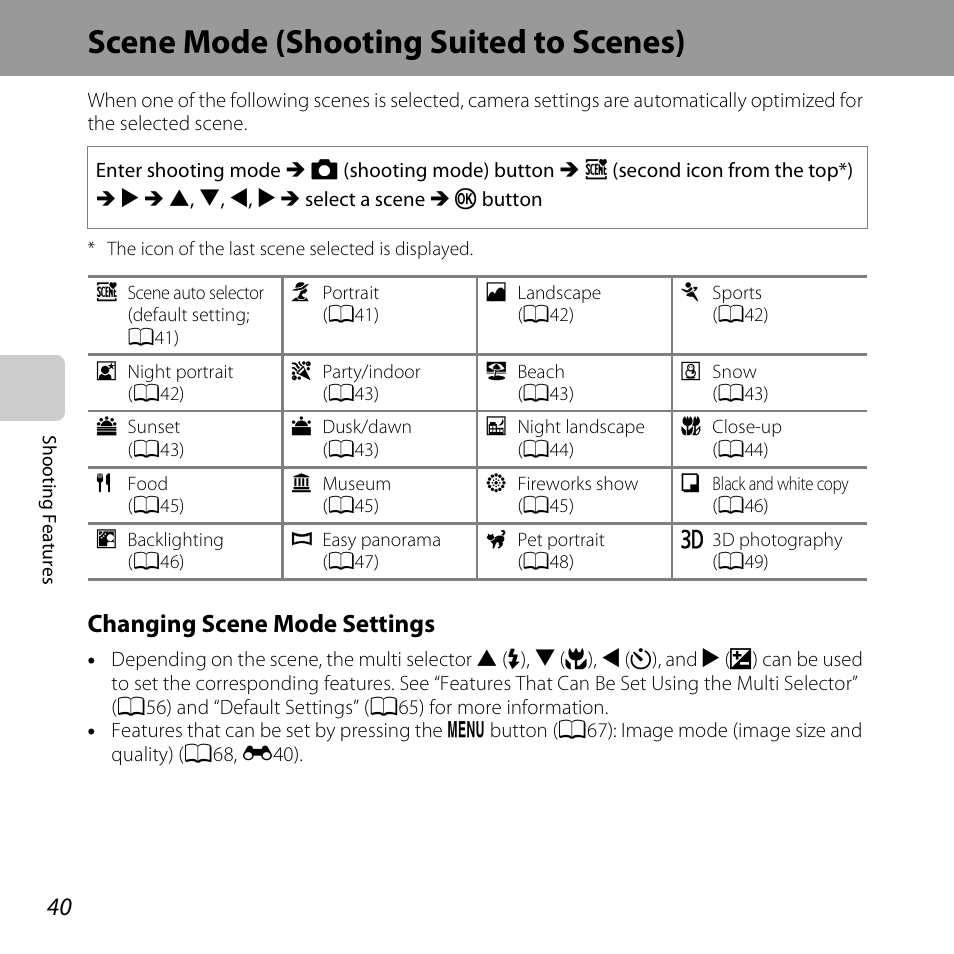 Scene mode (shooting suited to scenes), Changing scene mode settings | Nikon S6500 User Manual | Page 62 / 284