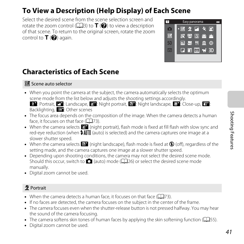 To view a description (help display) of each scene, Characteristics of each scene | Nikon S6500 User Manual | Page 63 / 284