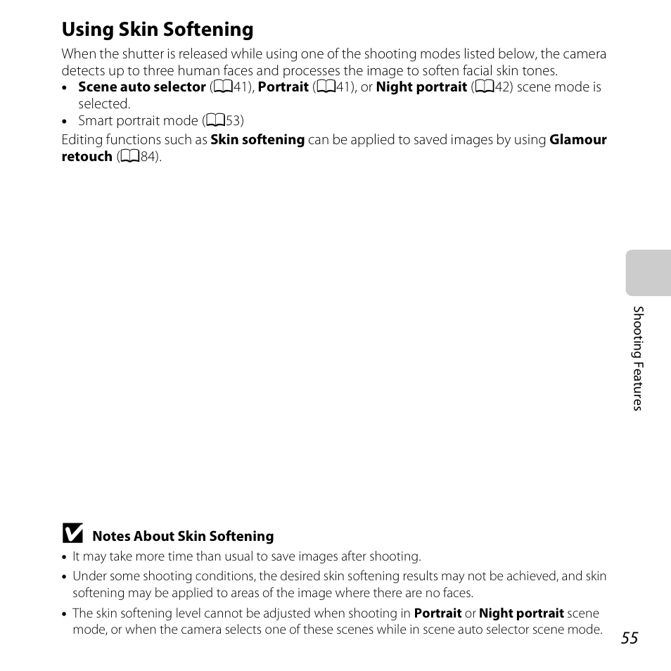 Using skin softening | Nikon S6500 User Manual | Page 77 / 284