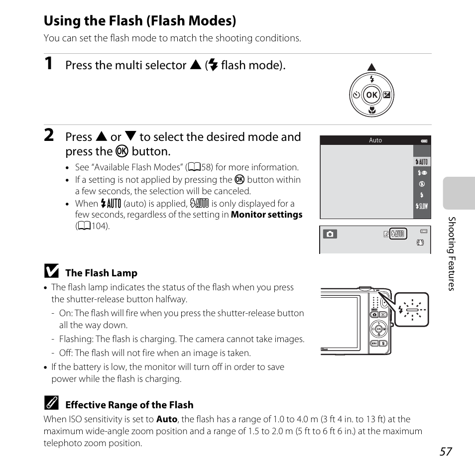 Using the flash (flash modes), A57) f, A57) | Nikon S6500 User Manual | Page 79 / 284