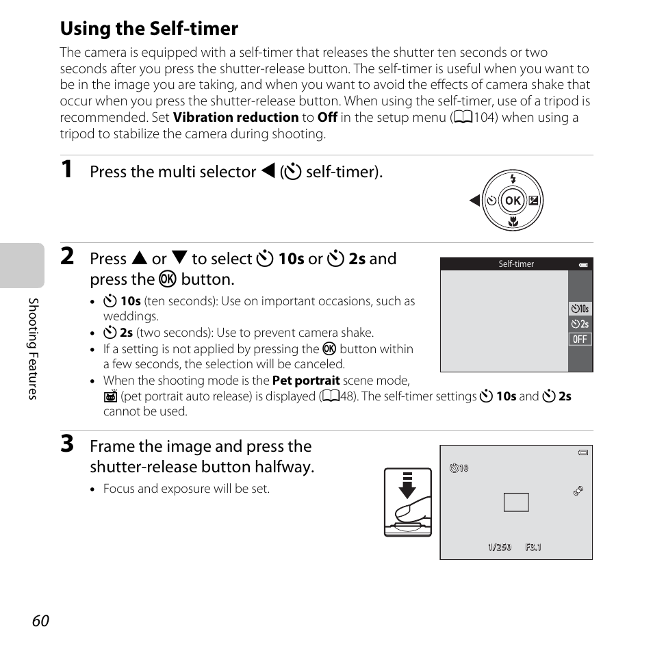 Using the self-timer, A60), Press the multi selector j (n self-timer) | Nikon S6500 User Manual | Page 82 / 284