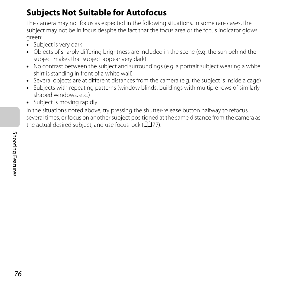 Subjects not suitable for autofocus, See “subjects not suitable for autofocus, A76) | Nikon S6500 User Manual | Page 98 / 284