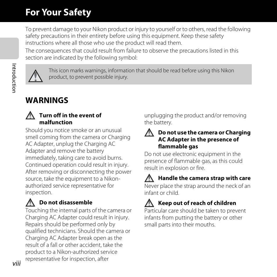 For your safety, Warnings, Viii | Nikon S3500 User Manual | Page 10 / 248