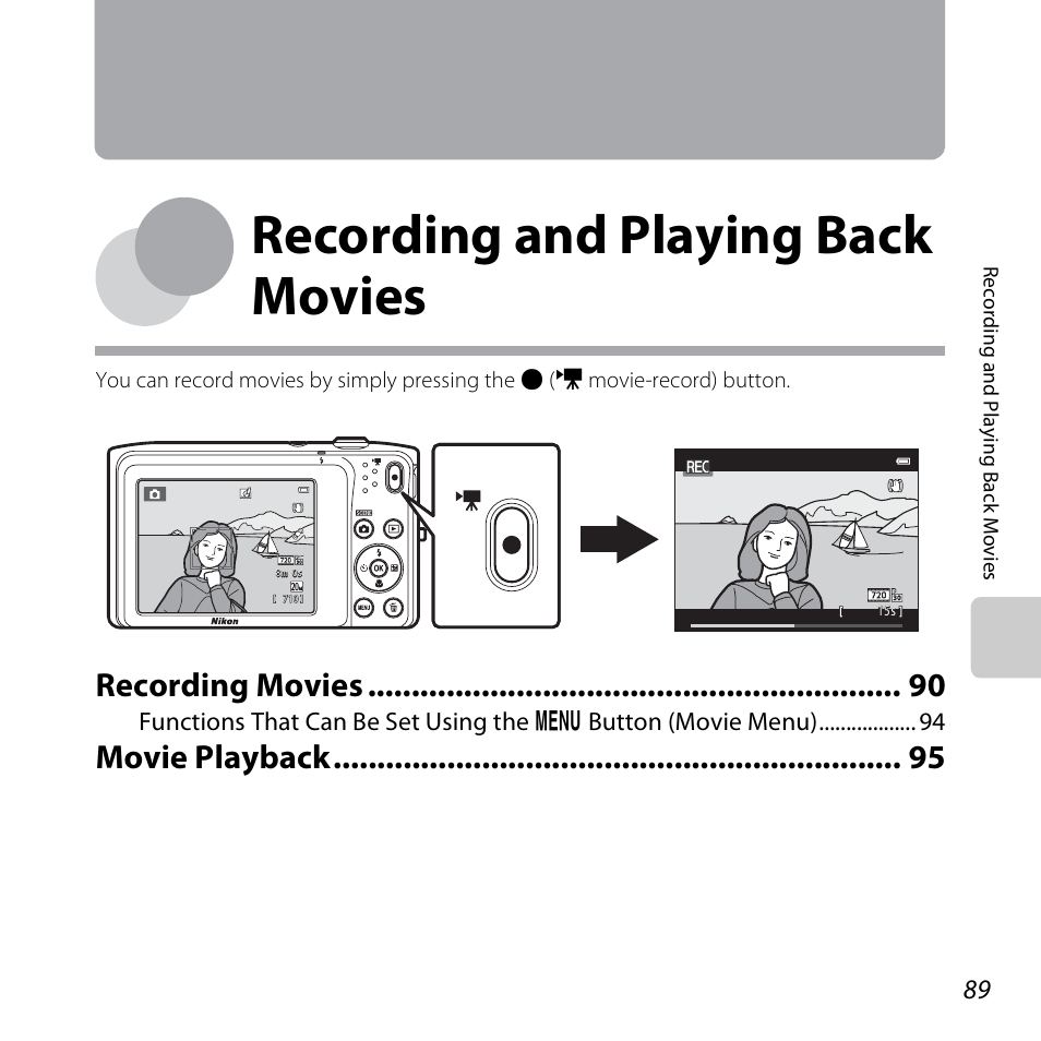 Recording and playing back movies, Recording movies, Movie playback | Nikon S3500 User Manual | Page 107 / 248