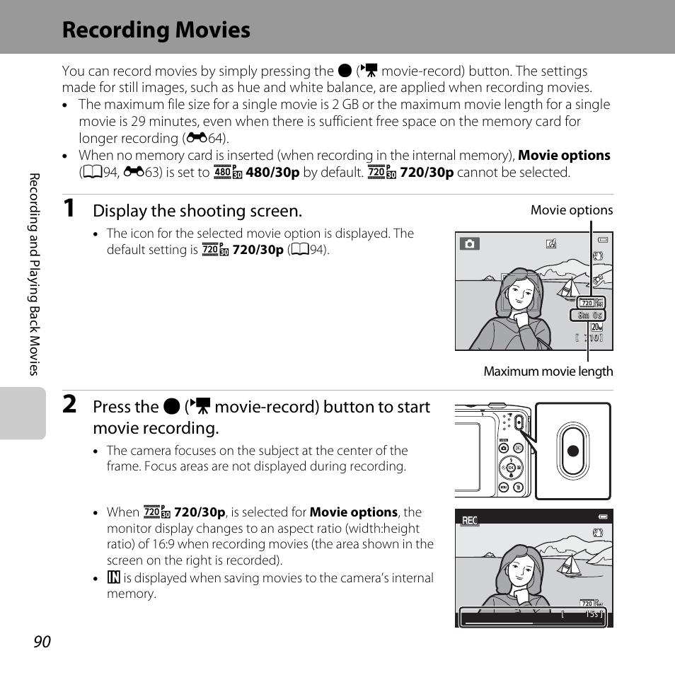 Recording movies, Display the shooting screen | Nikon S3500 User Manual | Page 108 / 248