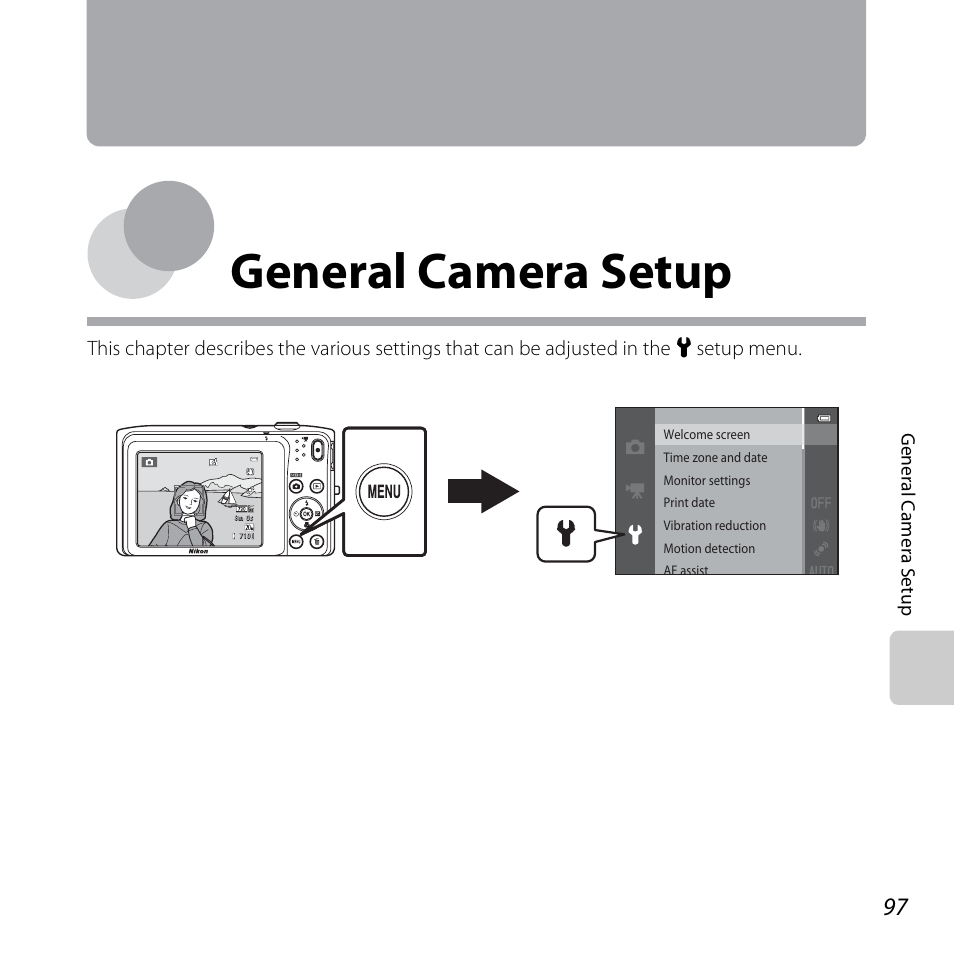 General camera setup | Nikon S3500 User Manual | Page 115 / 248