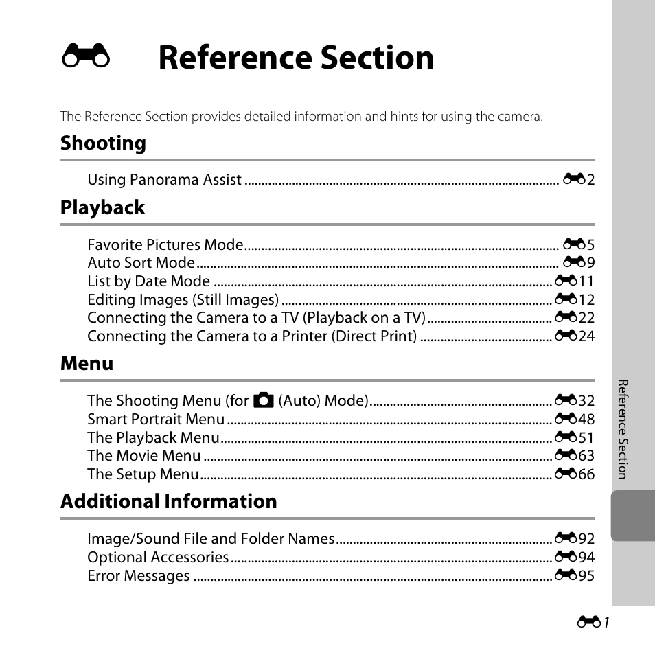 Reference section, Shooting, Playback | Menu, Additional information | Nikon S3500 User Manual | Page 119 / 248