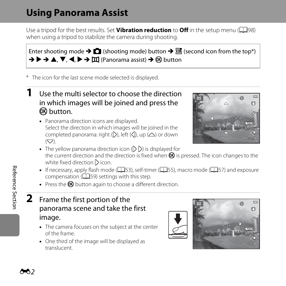 Using panorama assist, Using panorama assist” (e2) f | Nikon S3500 User Manual | Page 120 / 248