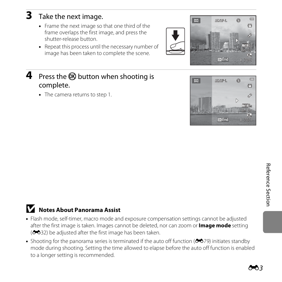 Take the next image, Press the k button when shooting is complete | Nikon S3500 User Manual | Page 121 / 248