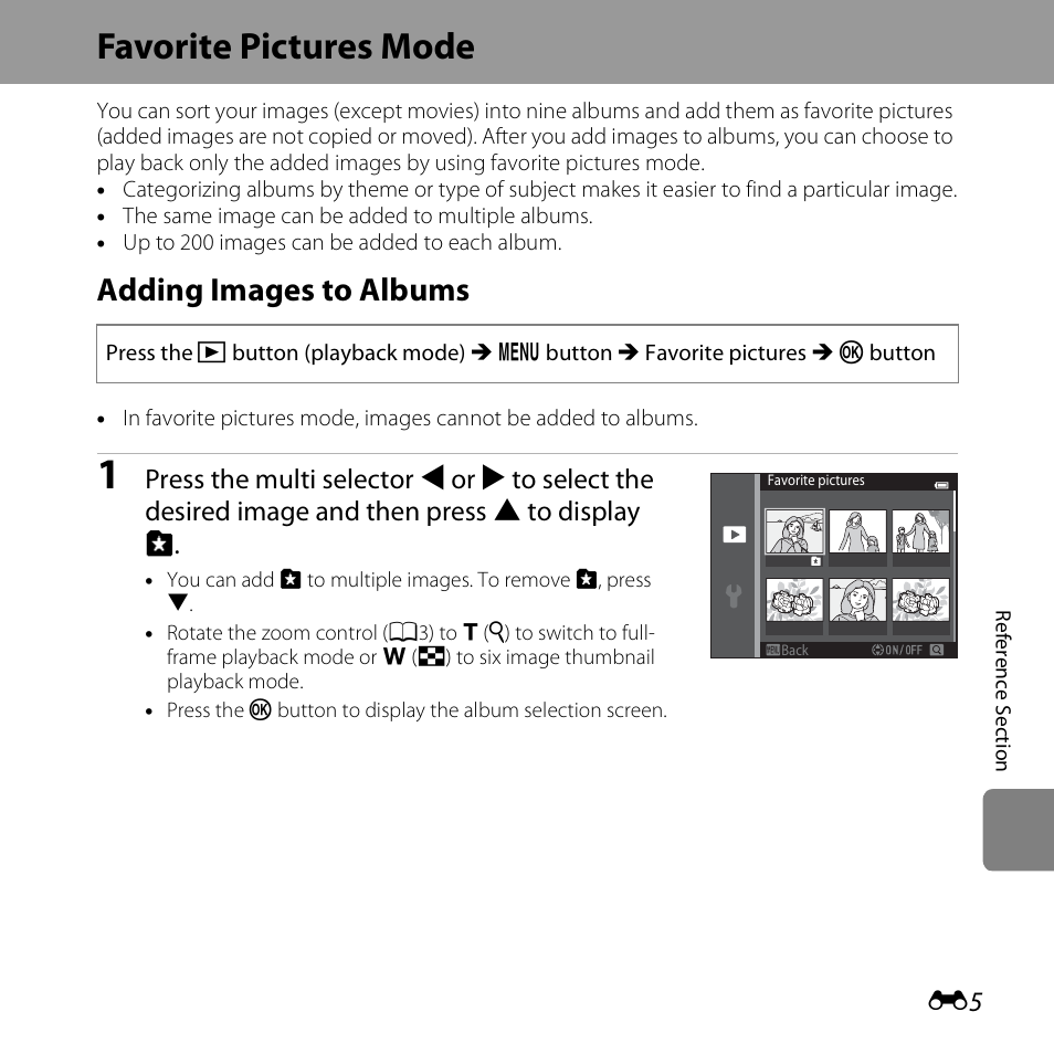 Favorite pictures mode, Adding images to albums | Nikon S3500 User Manual | Page 123 / 248