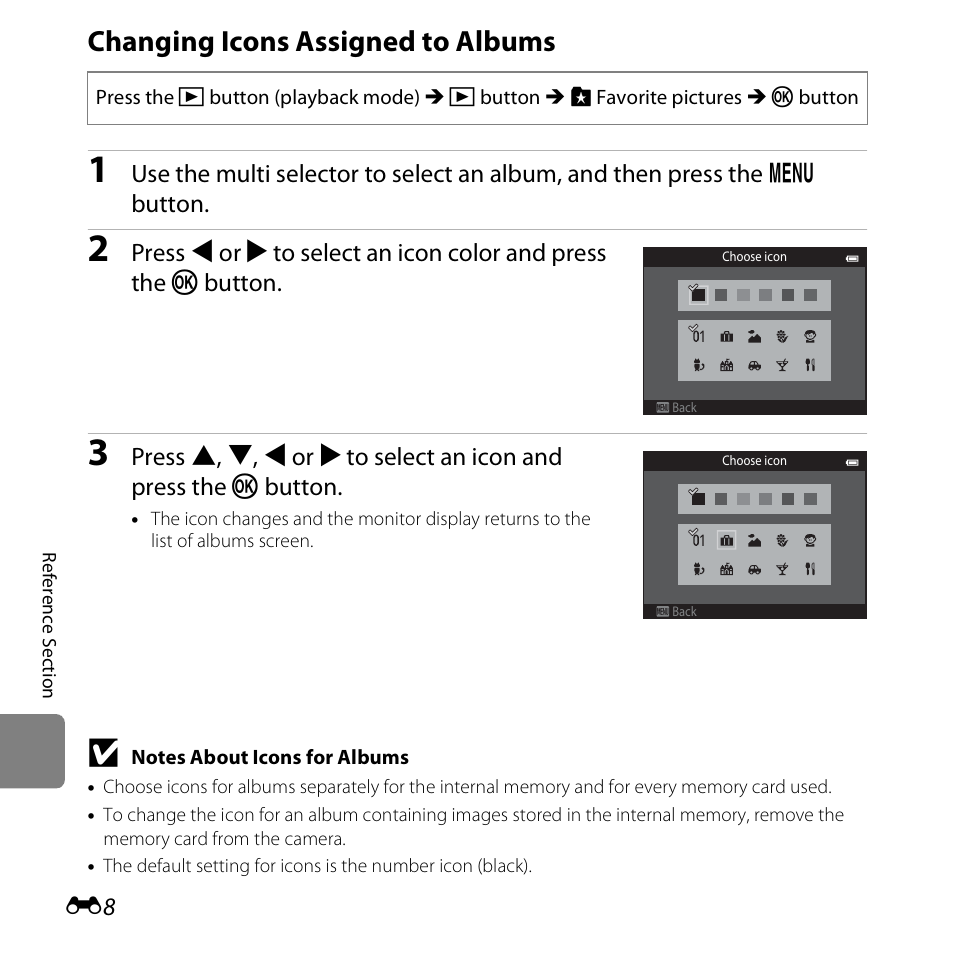 Changing icons assigned to albums | Nikon S3500 User Manual | Page 126 / 248