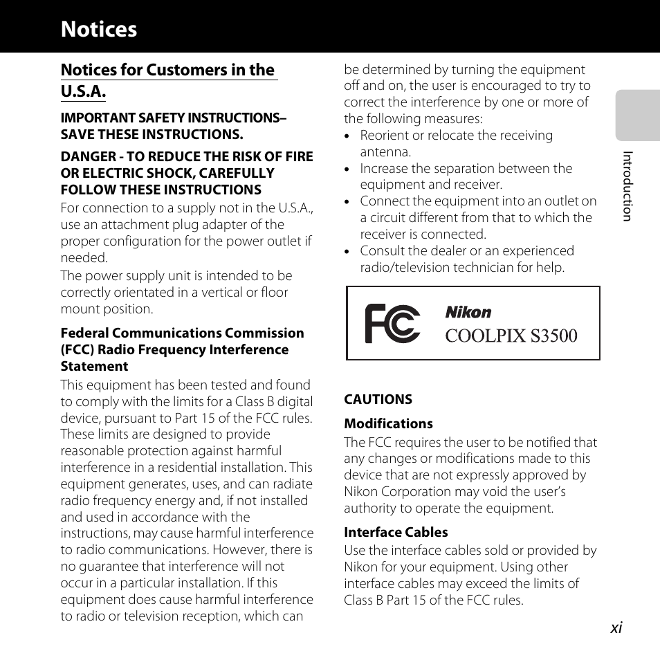 Notices, Notices for customers in the u.s.a | Nikon S3500 User Manual | Page 13 / 248