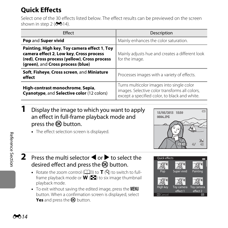 Quick effects, See “quick effects, E14) | See “quick effects” (e14) for m | Nikon S3500 User Manual | Page 132 / 248