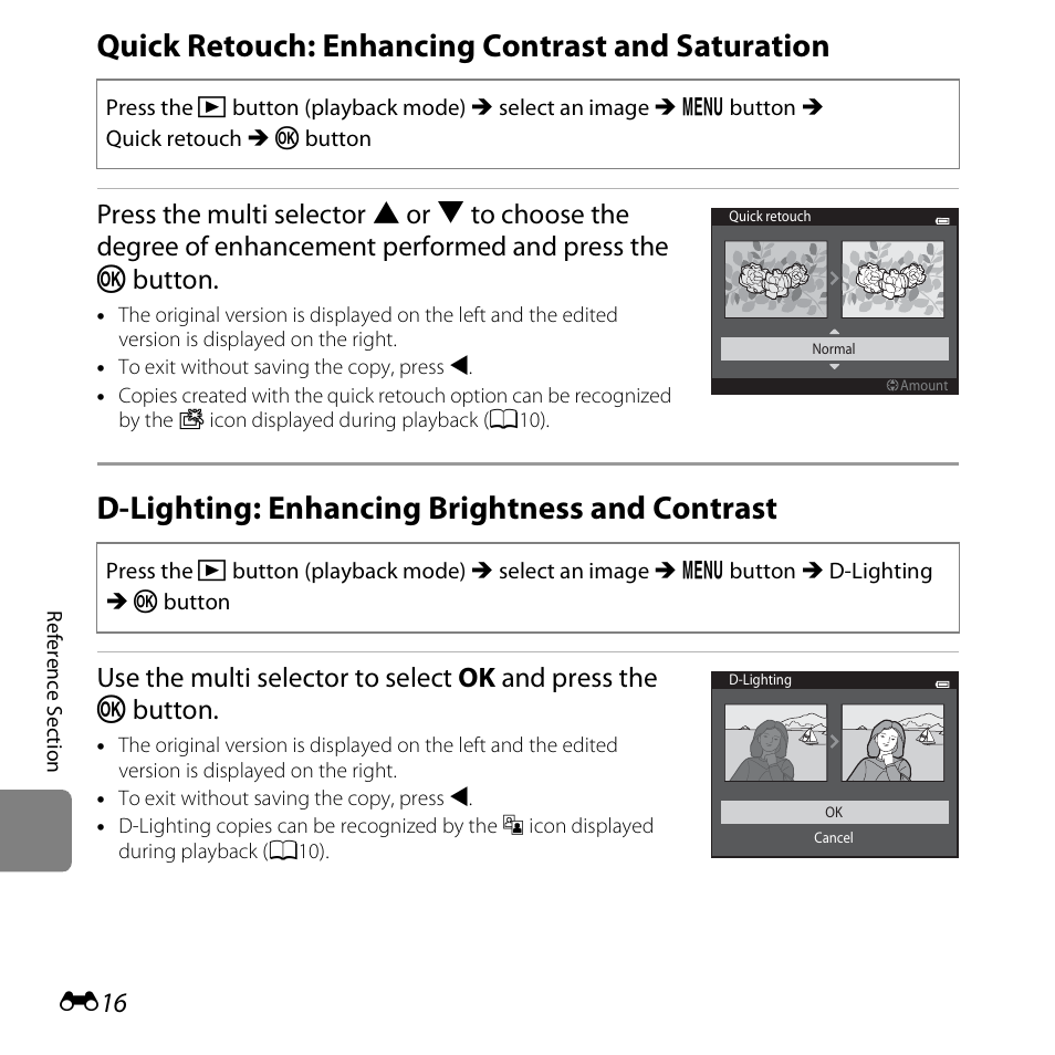 Quick retouch: enhancing contrast and saturation, D-lighting: enhancing brightness and contrast, E16) | Nikon S3500 User Manual | Page 134 / 248