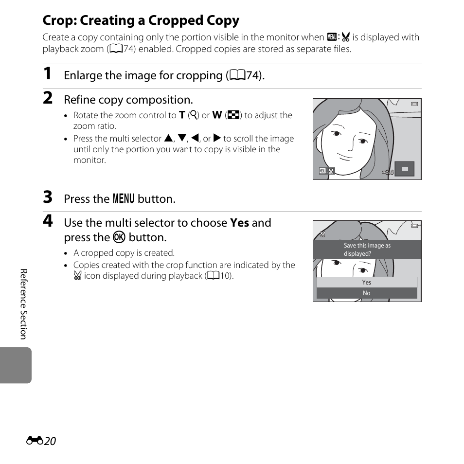 Crop: creating a cropped copy, E20) | Nikon S3500 User Manual | Page 138 / 248