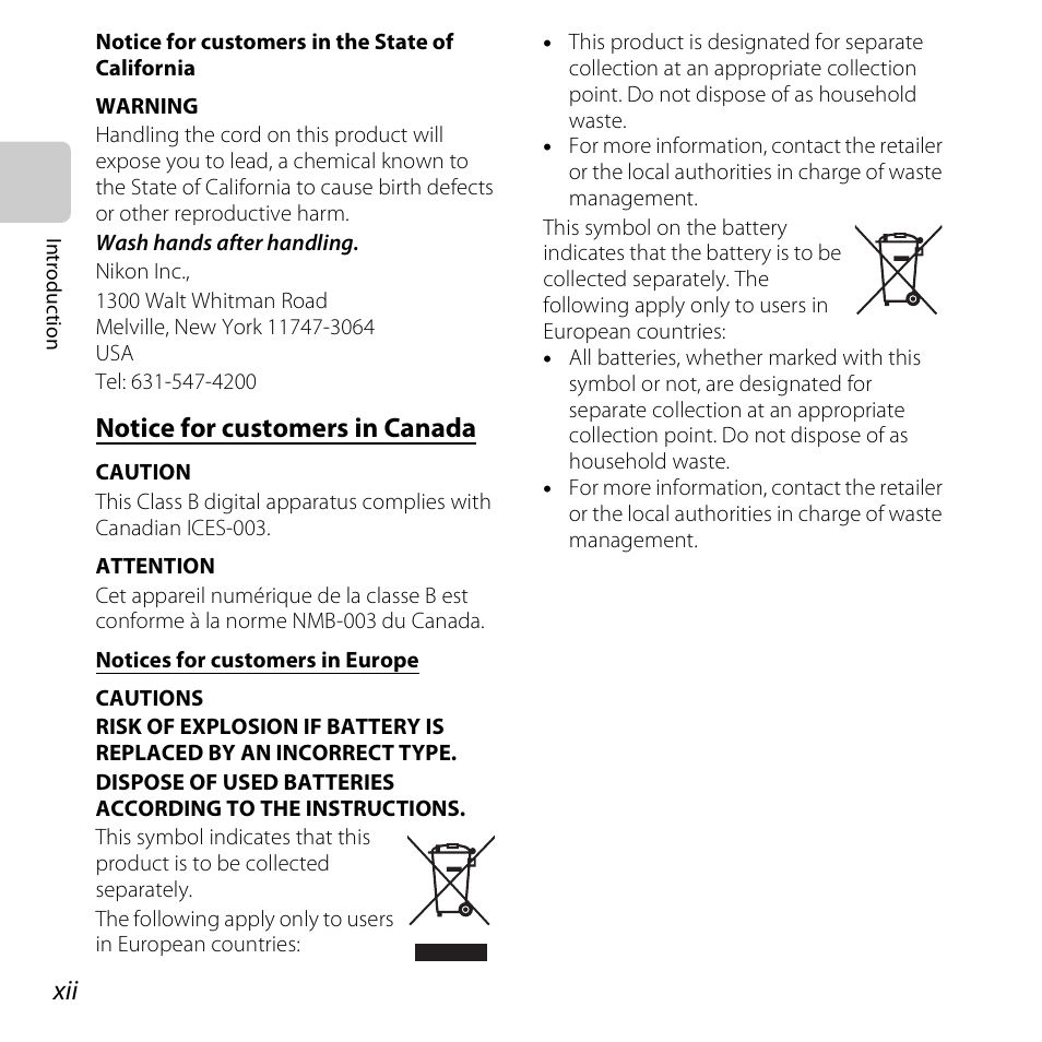 Notice for customers in canada | Nikon S3500 User Manual | Page 14 / 248