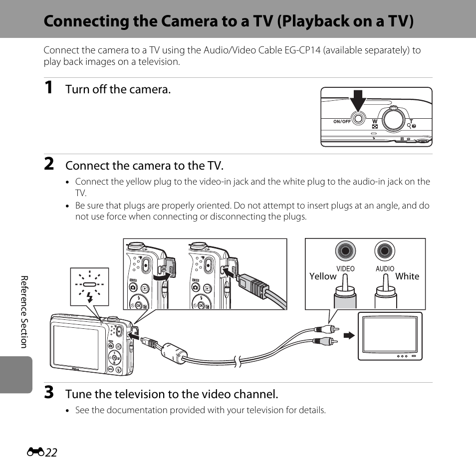 Connecting the camera to a tv (playback on a tv) | Nikon S3500 User Manual | Page 140 / 248