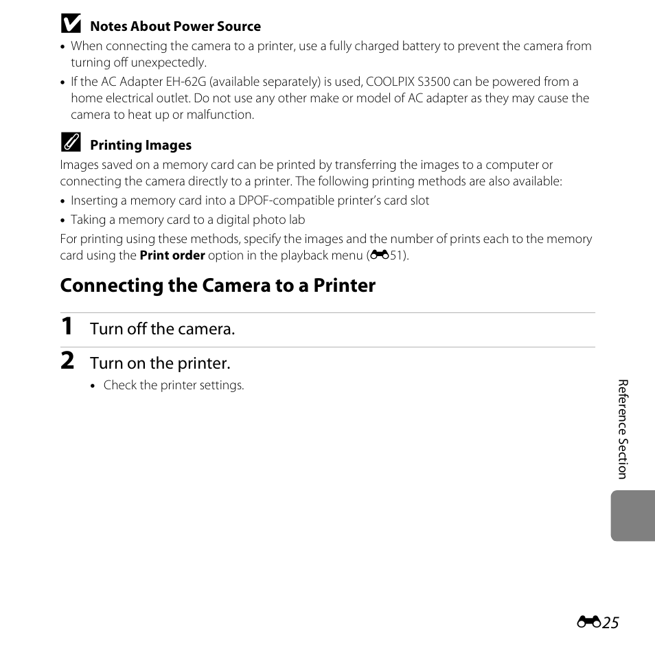 Connecting the camera to a printer, E25) | Nikon S3500 User Manual | Page 143 / 248