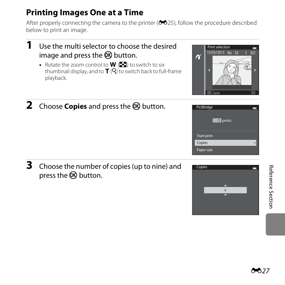 Printing images one at a time, E27), Choose copies and press the k button | Nikon S3500 User Manual | Page 145 / 248