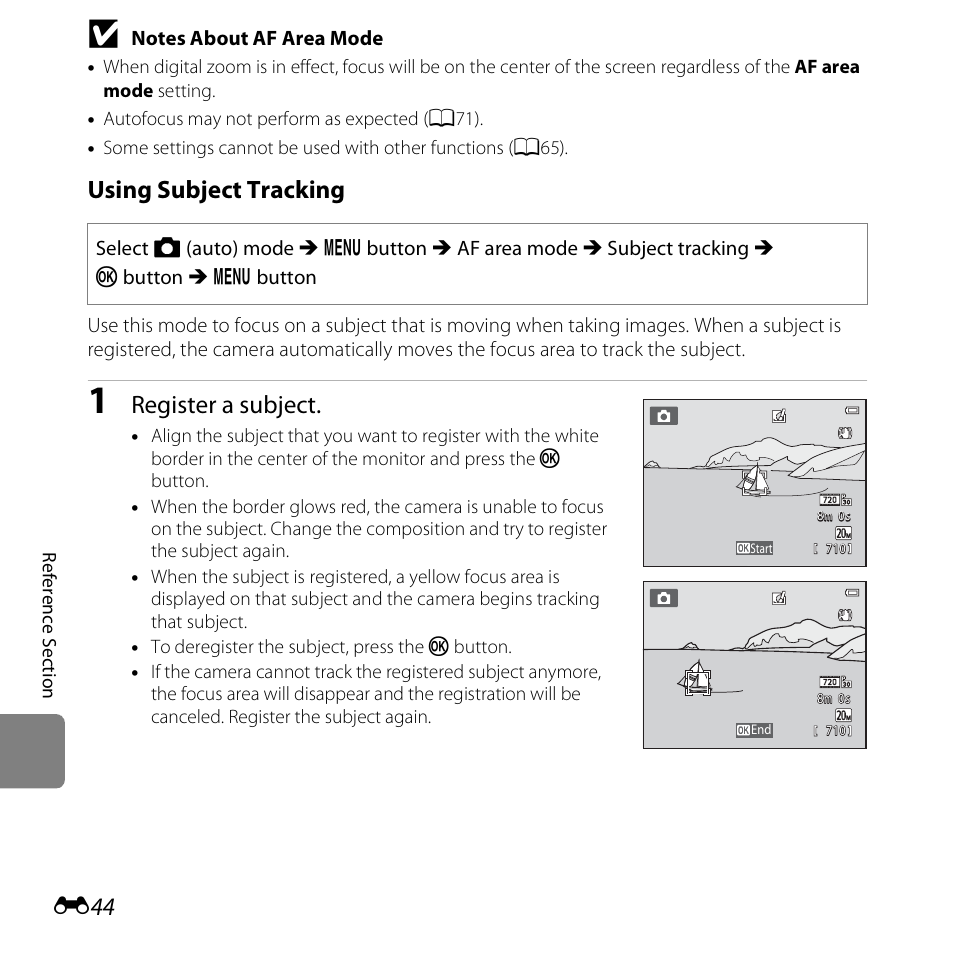 Ect. see “using subject tracking, E44) for m, Using subject tracking | Register a subject | Nikon S3500 User Manual | Page 162 / 248