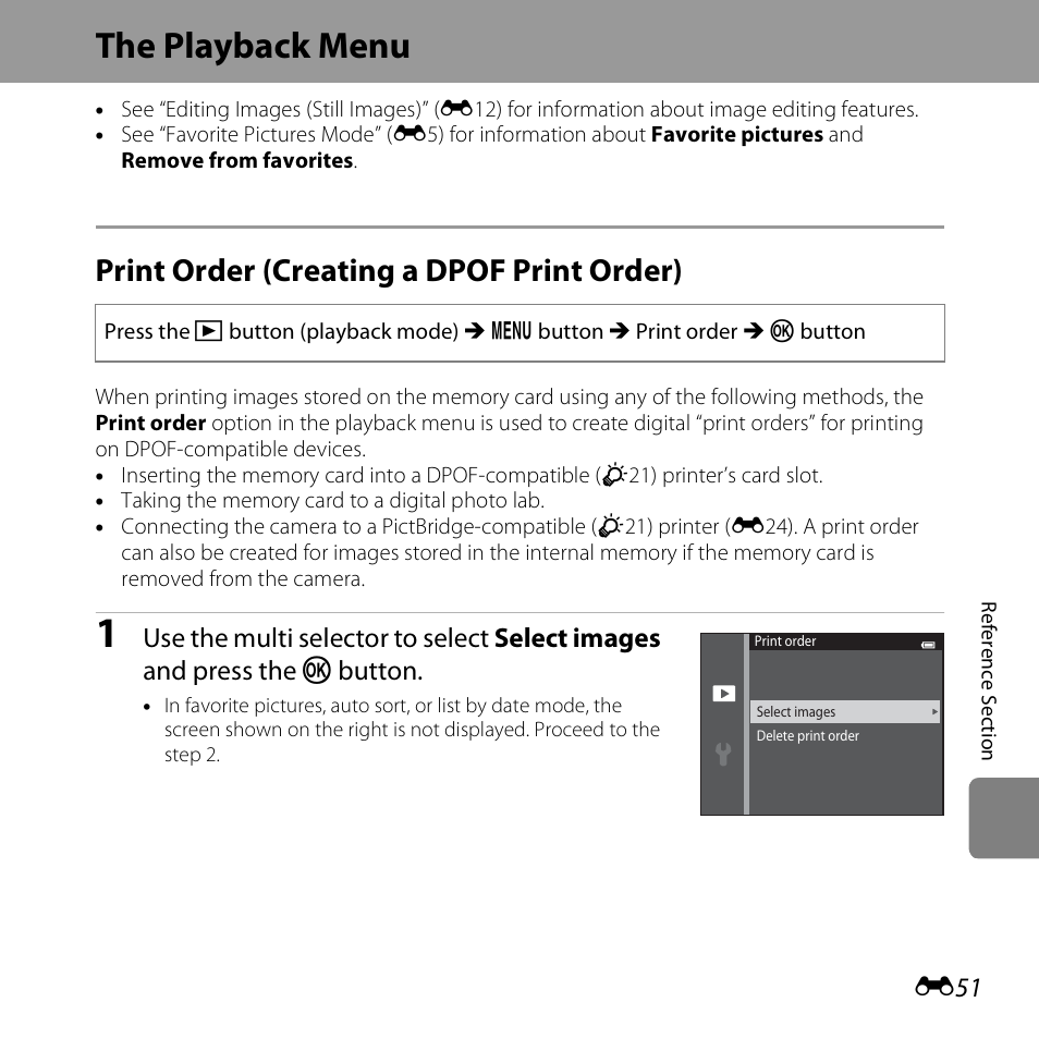 The playback menu, Print order (creating a dpof print order), E51) | Nikon S3500 User Manual | Page 169 / 248