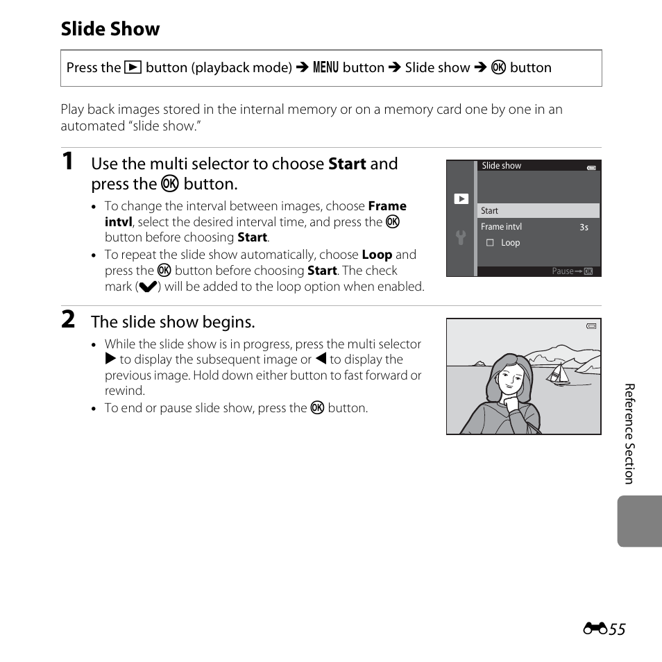 Slide show, The slide show begins | Nikon S3500 User Manual | Page 173 / 248