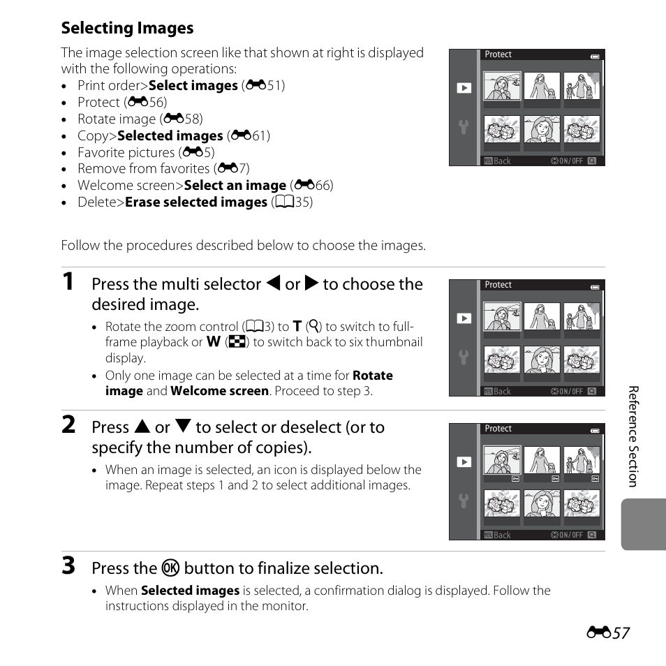 E “selecting images, E57) | Nikon S3500 User Manual | Page 175 / 248