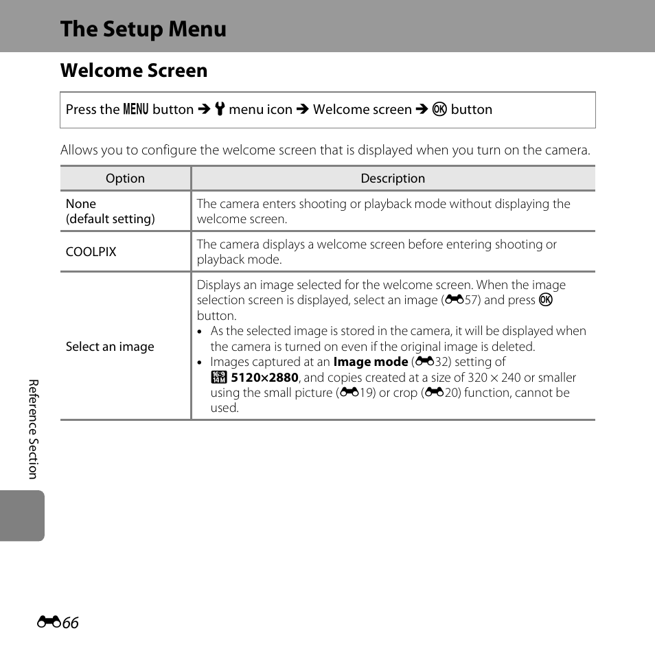 The setup menu, Welcome screen, E66) | Nikon S3500 User Manual | Page 184 / 248