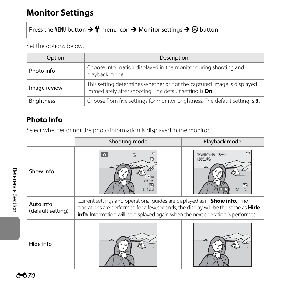 Monitor settings, Photo info | Nikon S3500 User Manual | Page 188 / 248