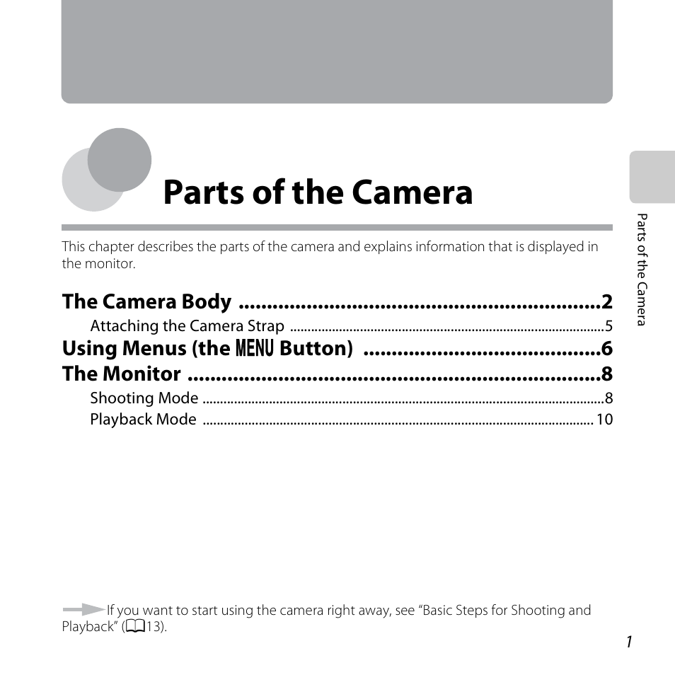 Parts of the camera, The camera body, Using menus (the d button) the monitor | Nikon S3500 User Manual | Page 19 / 248