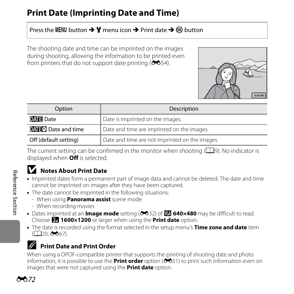 Print date (imprinting date and time), Option, E72) | Nikon S3500 User Manual | Page 190 / 248