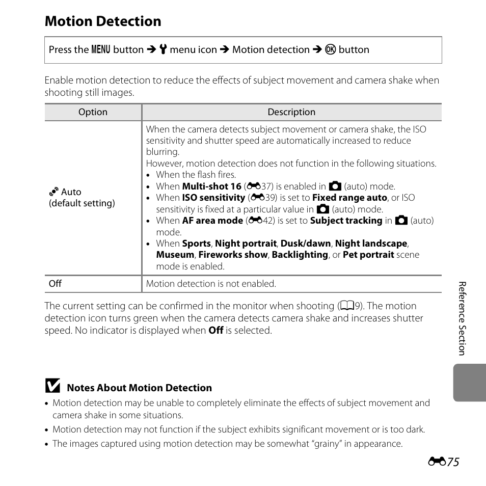 Motion detection, E75) | Nikon S3500 User Manual | Page 193 / 248