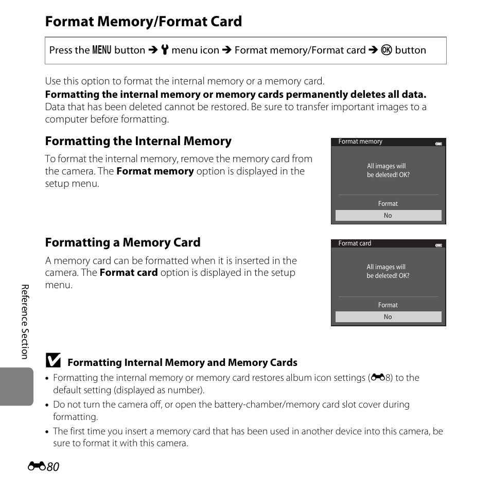 Format memory/format card, E80) | Nikon S3500 User Manual | Page 198 / 248