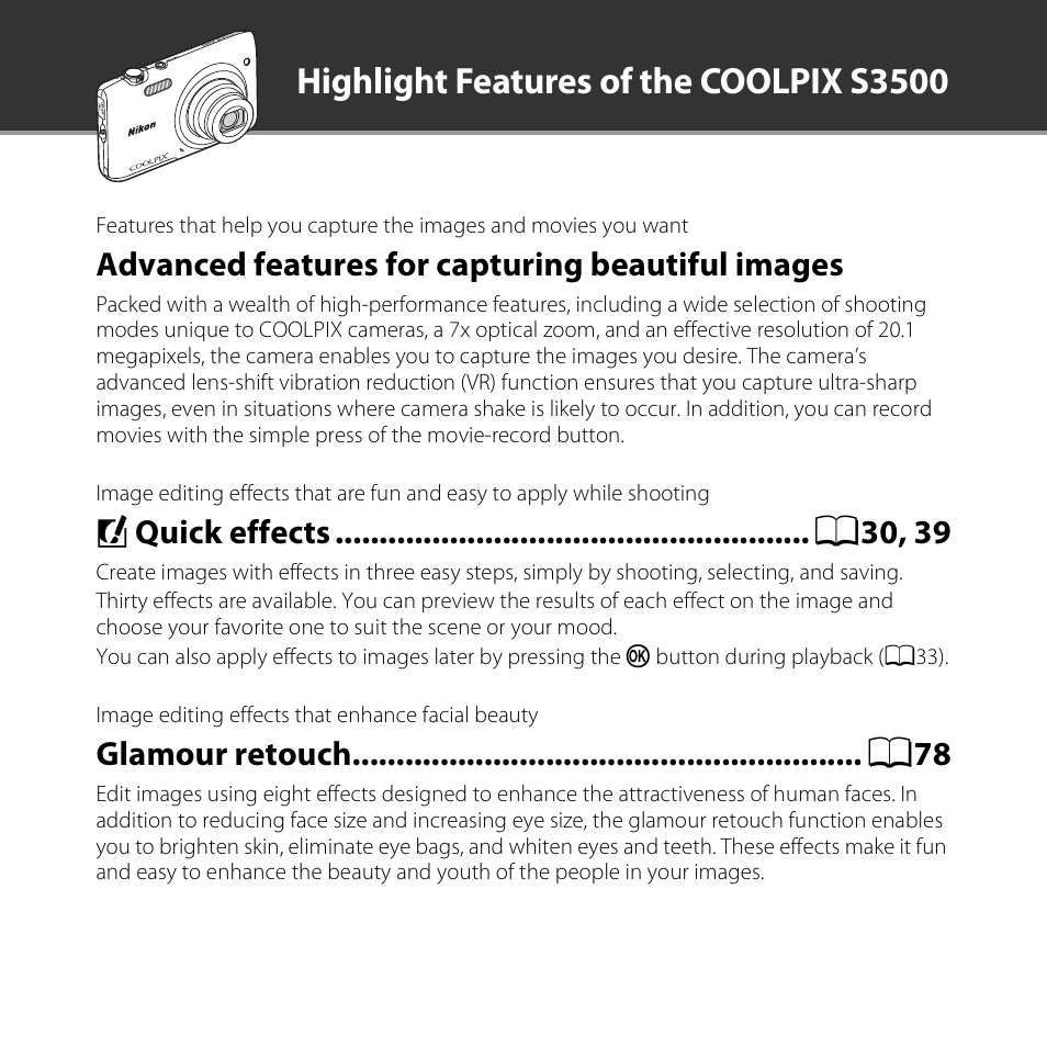 Highlight features of the coolpix s3500, Advanced features for capturing beautiful images | Nikon S3500 User Manual | Page 2 / 248