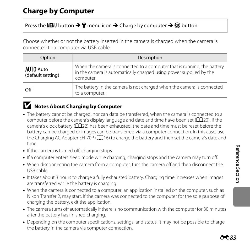 Charge by computer | Nikon S3500 User Manual | Page 201 / 248