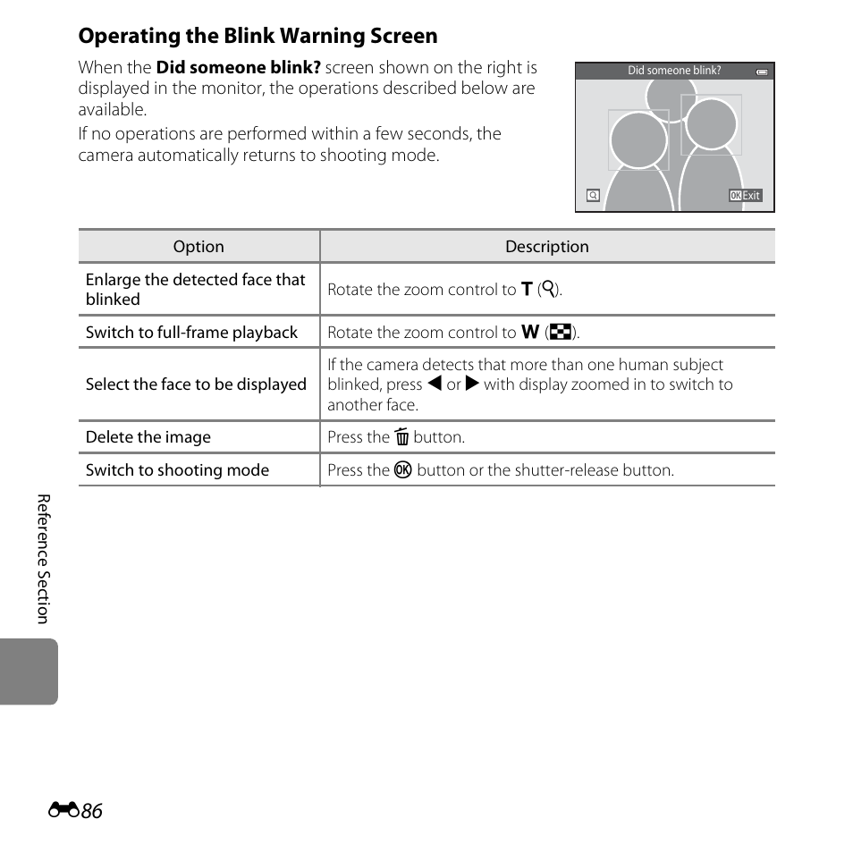 See “operating the blink warning screen, E86) for m, Operating the blink warning screen | Nikon S3500 User Manual | Page 204 / 248