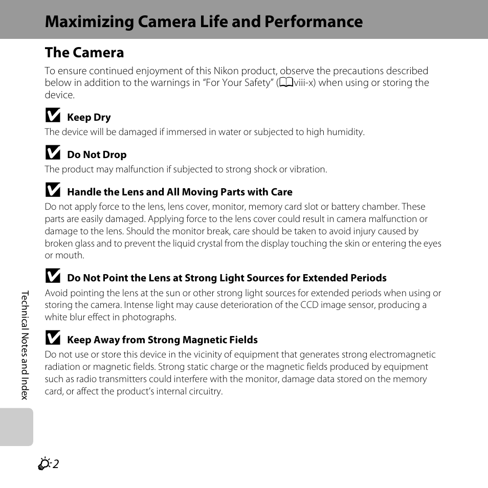 Maximizing camera life and performance, The camera | Nikon S3500 User Manual | Page 220 / 248