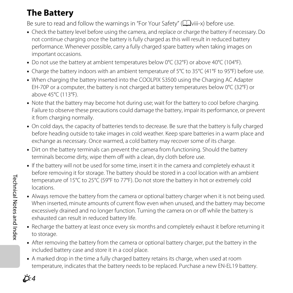 The battery | Nikon S3500 User Manual | Page 222 / 248