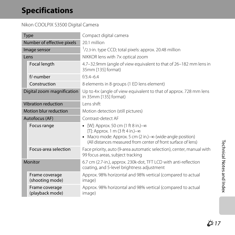 Specifications, F 17 | Nikon S3500 User Manual | Page 235 / 248