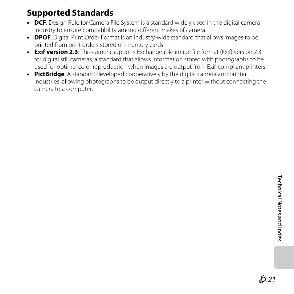 Supported standards, E (f21), E (f21 | F21) | Nikon S3500 User Manual | Page 239 / 248