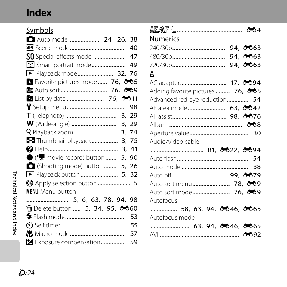 Index, F 24 | Nikon S3500 User Manual | Page 242 / 248