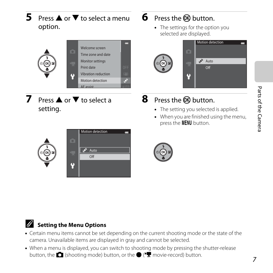 Press h or i to select a menu option, Press the k button, Press h or i to select a setting | Nikon S3500 User Manual | Page 25 / 248