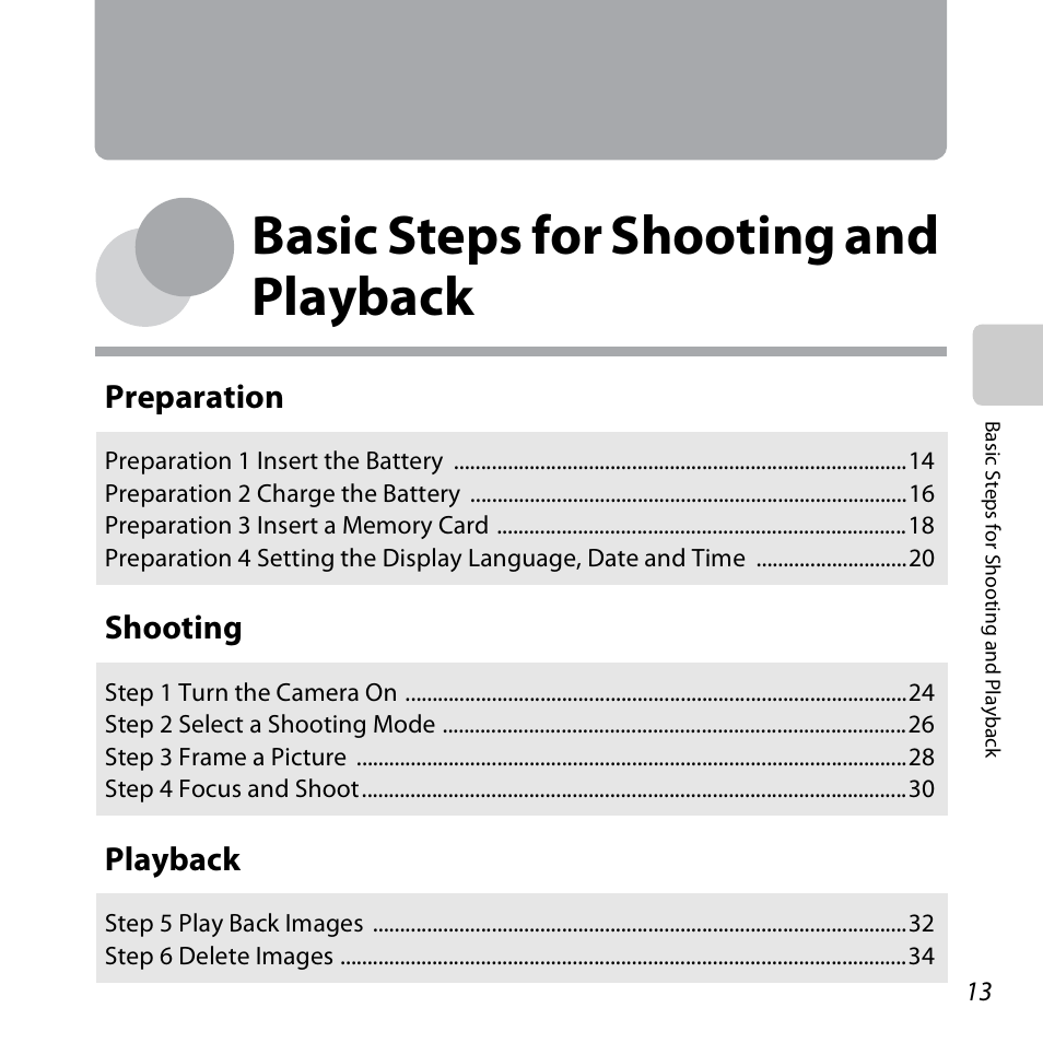 Basic steps for shooting and playback, A13), Basic steps for shooting and | Playback, Preparation, Shooting | Nikon S3500 User Manual | Page 31 / 248