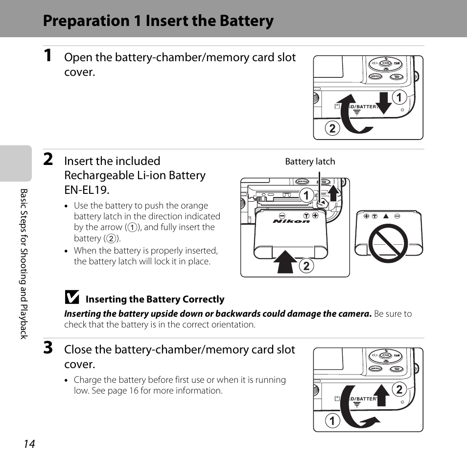 Preparation 1 insert the battery | Nikon S3500 User Manual | Page 32 / 248