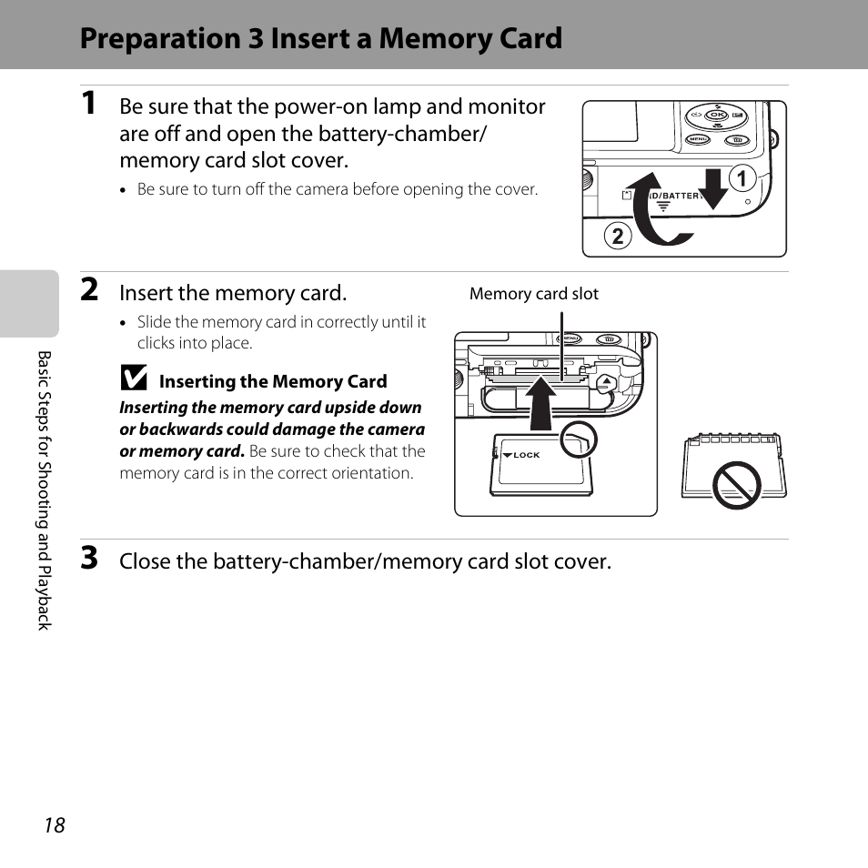 Preparation 3 insert a memory card | Nikon S3500 User Manual | Page 36 / 248