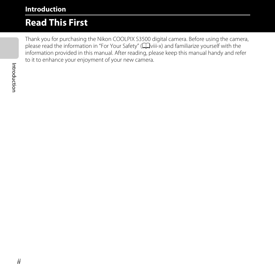 Introduction, Read this first | Nikon S3500 User Manual | Page 4 / 248