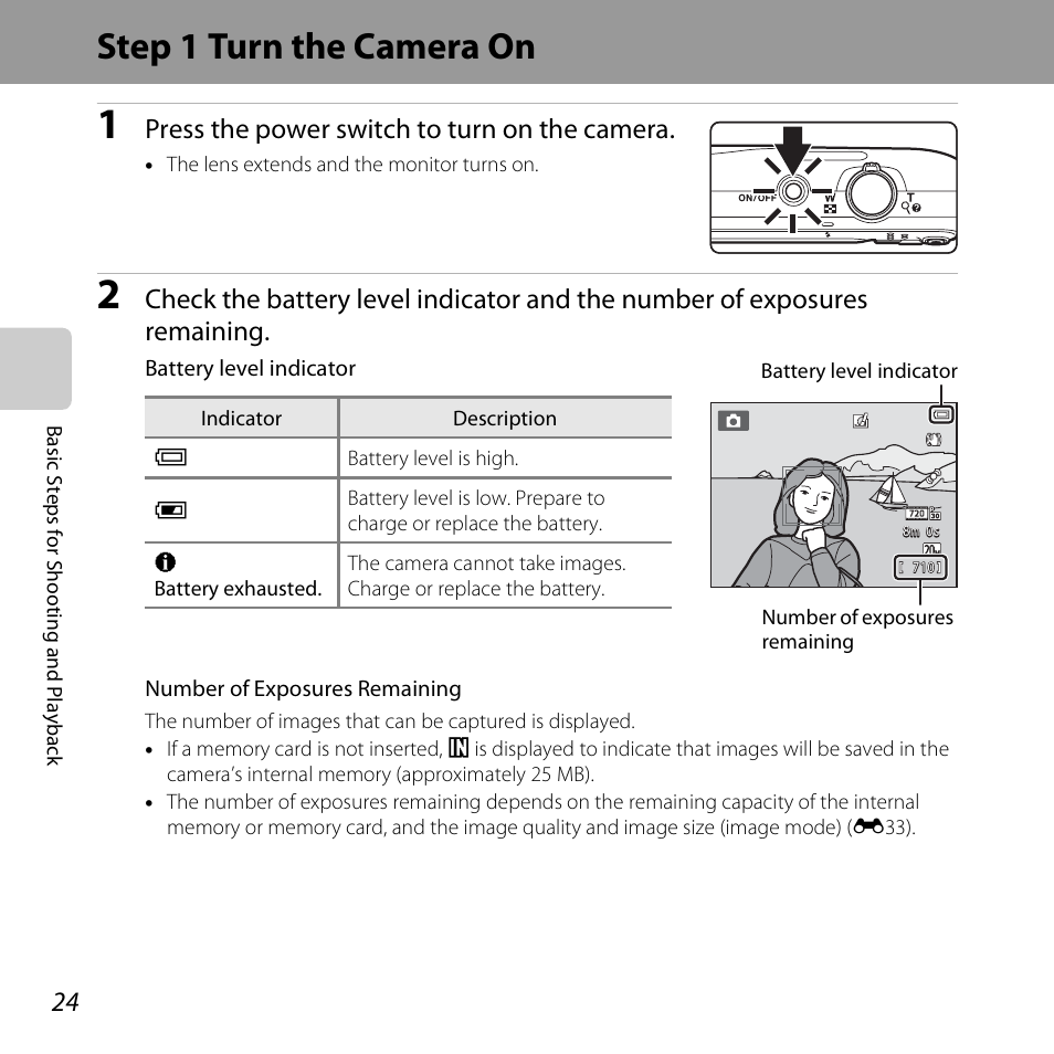 Step 1 turn the camera on, Press the power switch to turn on the camera | Nikon S3500 User Manual | Page 42 / 248