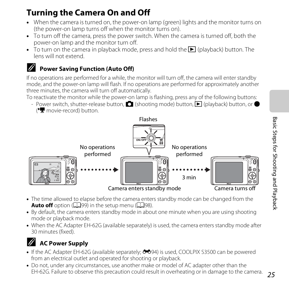 Turning the camera on and off | Nikon S3500 User Manual | Page 43 / 248